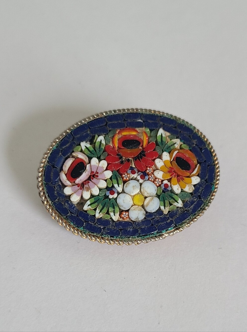 Vintage Italian Artisan Floral Micro Mosaic Glass Colourful Oval Brooch Pin